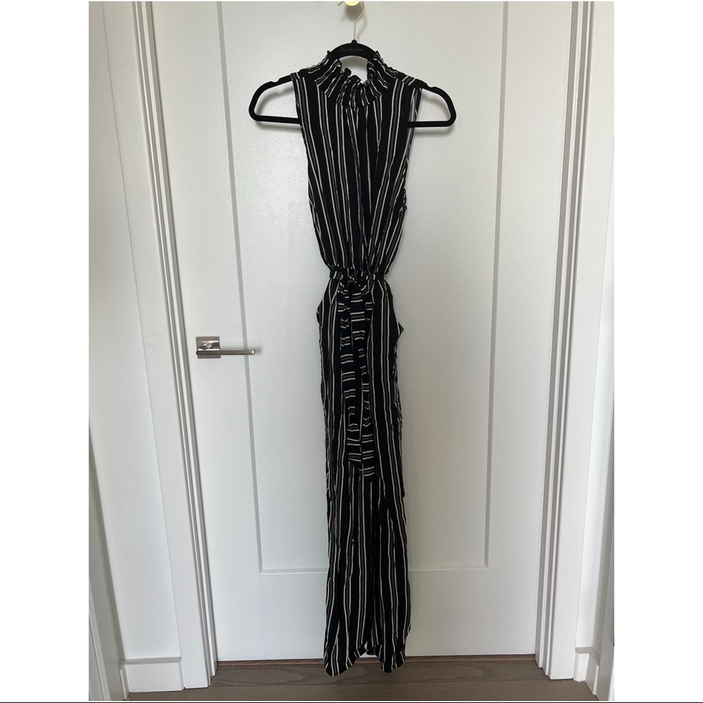 Sleeveless Striped Jumpsuit with Mock Neck & Belt